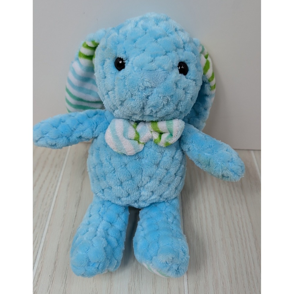 Kellytoy Plush Bunny Blue Textured Green Striped Ears Bow Tie quilted look